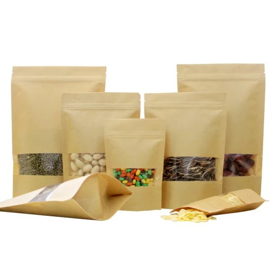 Bolsas marrones con ventana biodegradable para envasado de alimentos, productos horneados al por mayor, caja de botella negra de café, bolsa de papel Kraft artesanal inferior